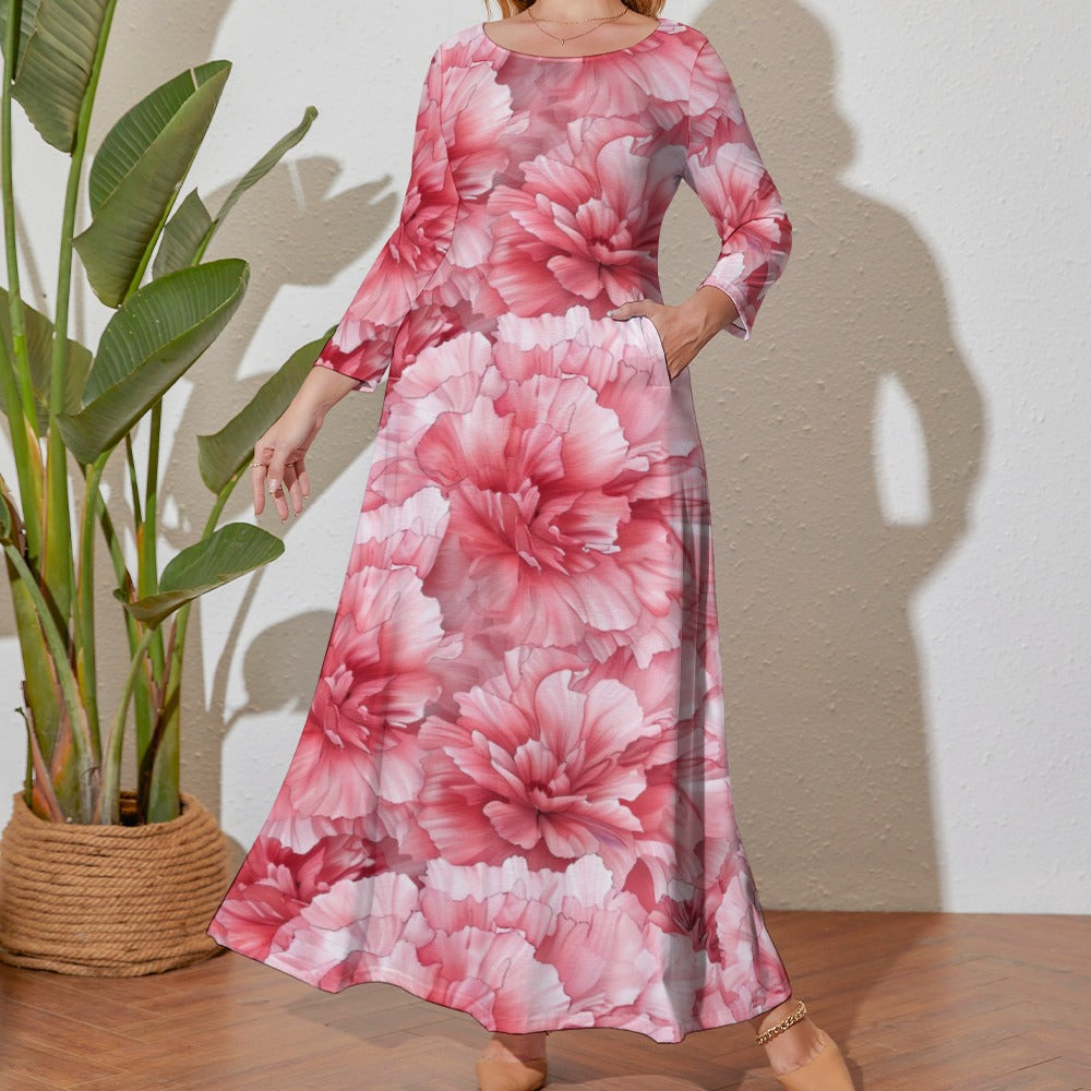 Carnation Dress, Plus Size Birth Month Dress, January Birth Month Dress, Plus Size Loose Dress, Crew Neck Long Sleeve Dress