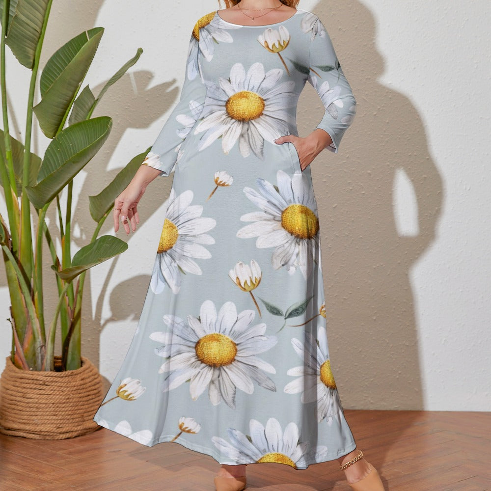Daisy Dress, Plus Size Birth Month Dress, April Birth Month Dress, Small to Plus Size Loose Dress, Crew Neck Long Sleeve Dress