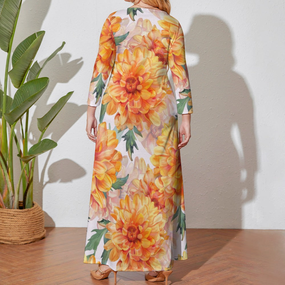 Marigold Dress, Plus Size Birth Month Dress, October Birth Month Dress, Plus Size Loose Dress, Crew Neck Long Sleeve Dress
