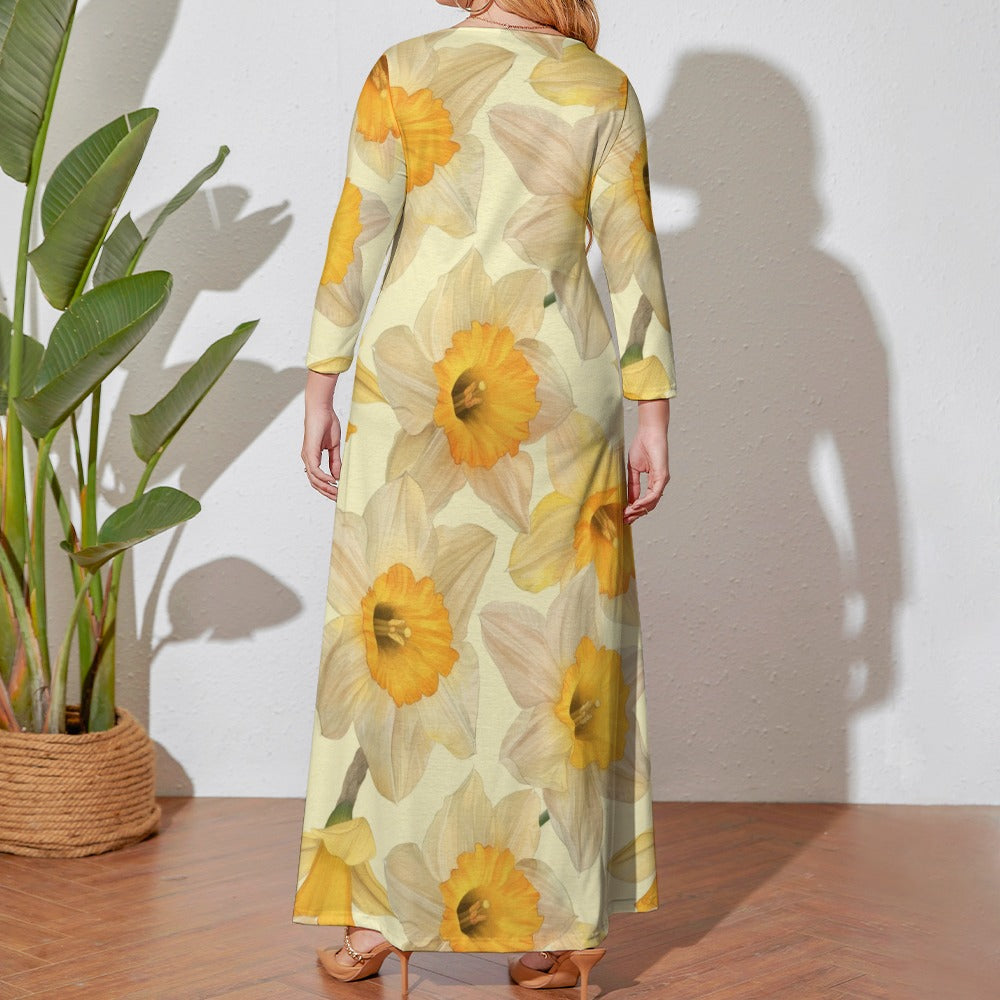 Daffodils Dress, Plus Size Birth Month Dress, March Birth Month Dress, Small to Plus Size Loose Dress, Crew Neck Long Sleeve Dress