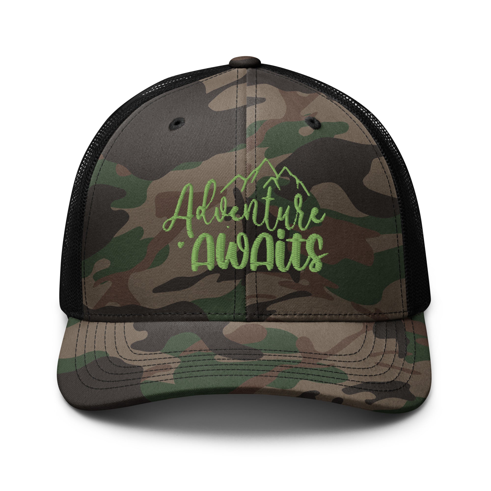 Adventure Awaits Camo Hat, Camouflage Adventure hat, Camo Cap, Camouflage, trucker cap, trucker hat