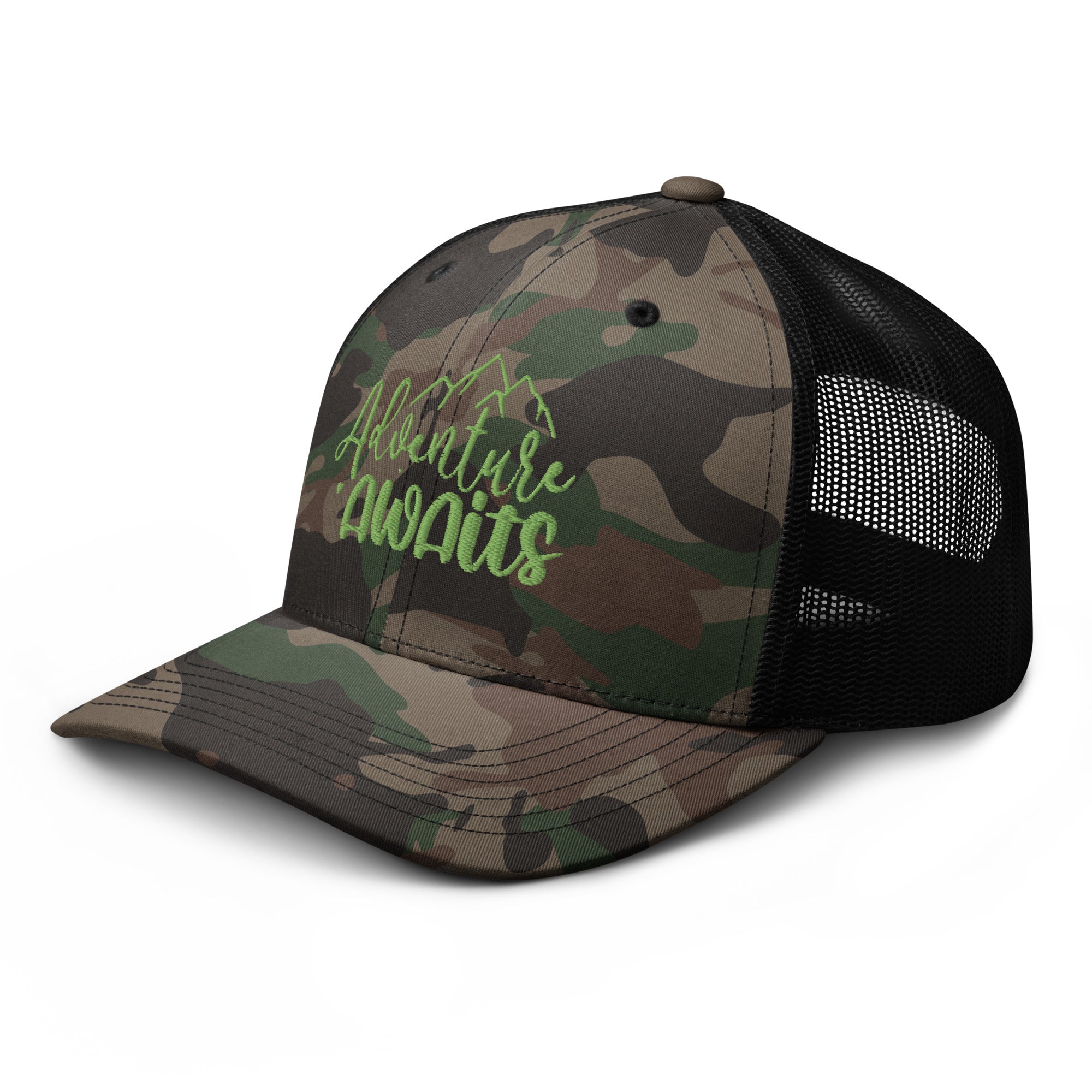 Adventure Awaits Camo Hat, Camouflage Adventure hat, Camo Cap, Camouflage, trucker cap, trucker hat