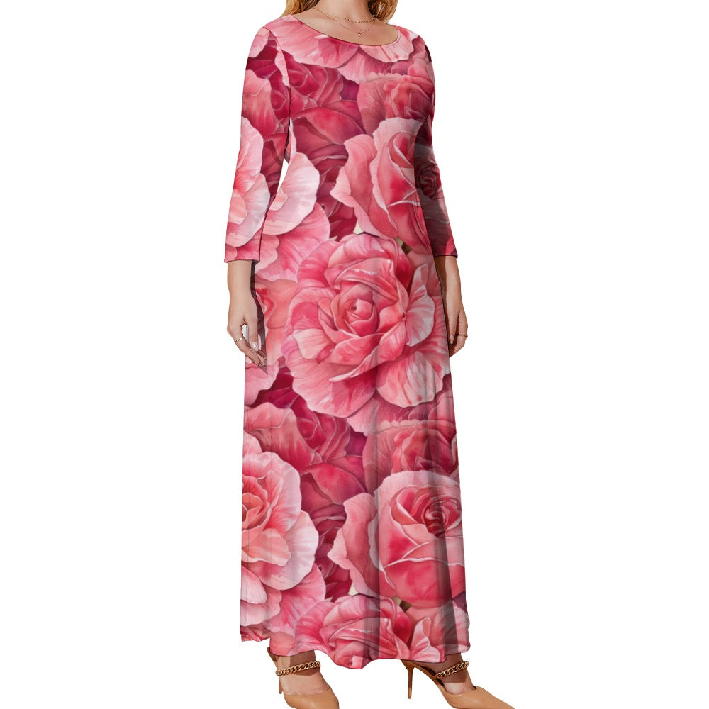 Roses Dress, Plus Size Birth Month Dress, June Birth Month Dress, Small to Plus Size Loose Dress, Crew Neck Long Sleeve Dress